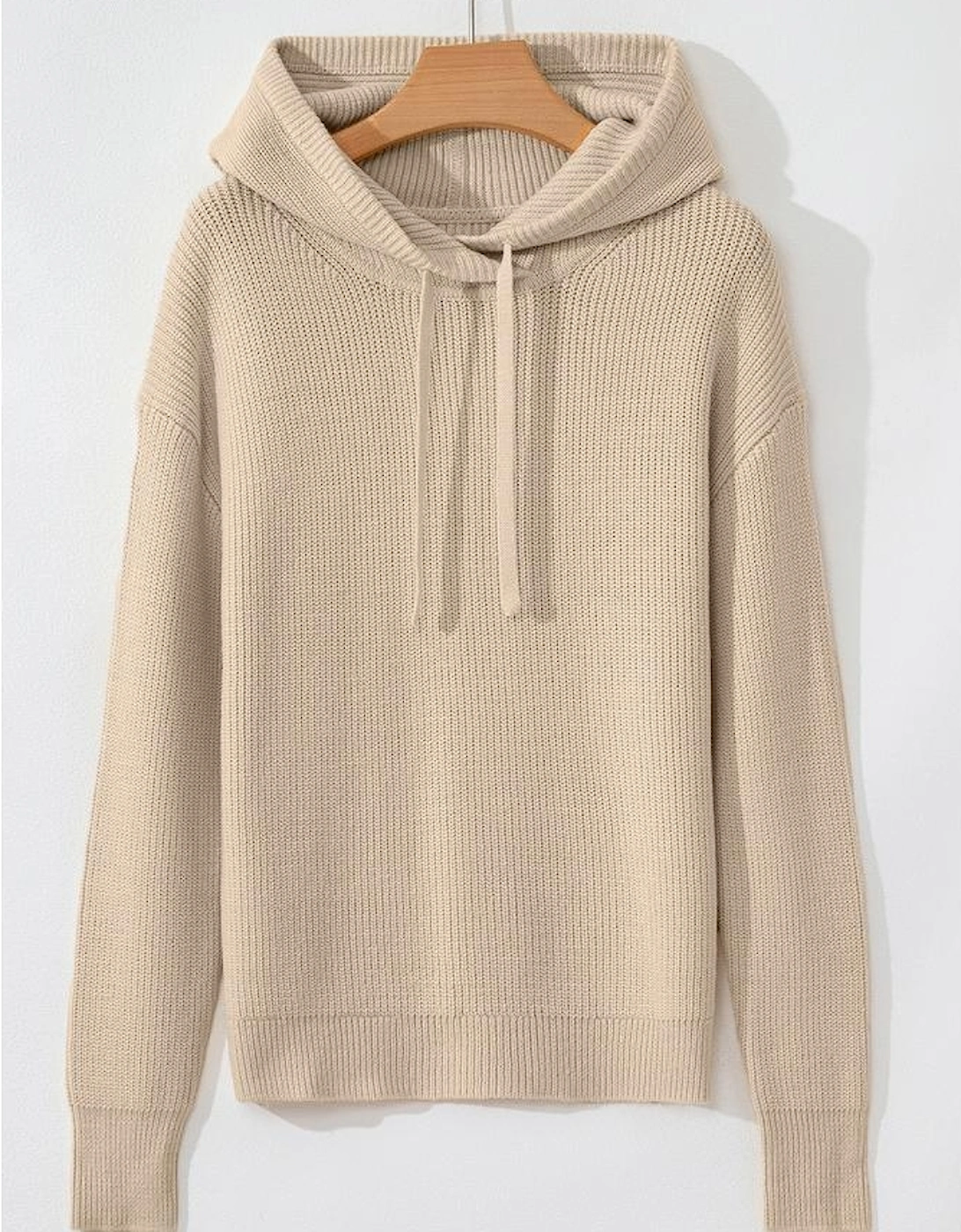 Beige Solid Color Drawstring Hooded Drop Shoulder Pullover Sweater