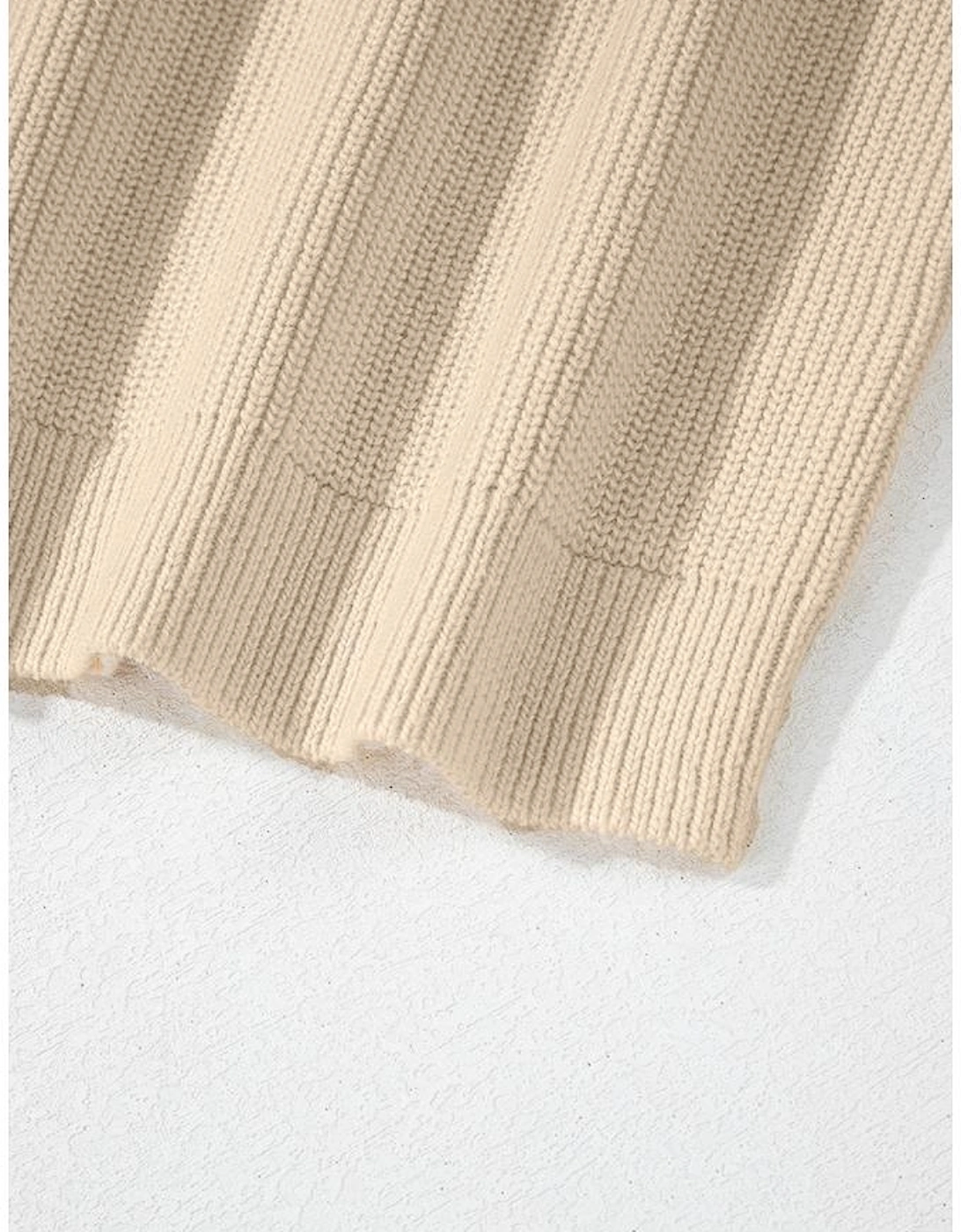 Beige Solid Color Drawstring Hooded Drop Shoulder Pullover Sweater