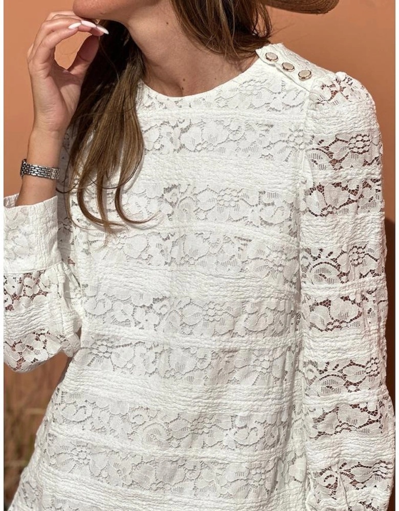 White Lace Crochet Round Neck Puff Sleeve Shift Mini Dress