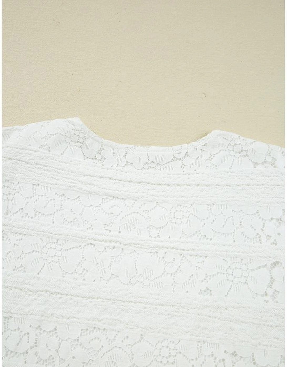 White Lace Crochet Round Neck Puff Sleeve Shift Mini Dress