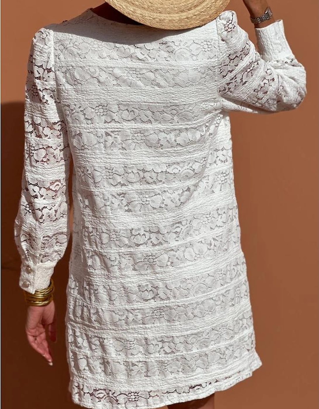 White Lace Crochet Round Neck Puff Sleeve Shift Mini Dress, 13 of 12