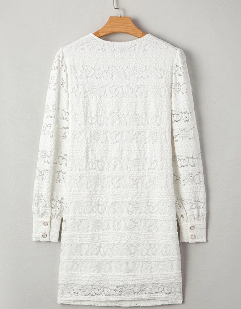 White Lace Crochet Round Neck Puff Sleeve Shift Mini Dress