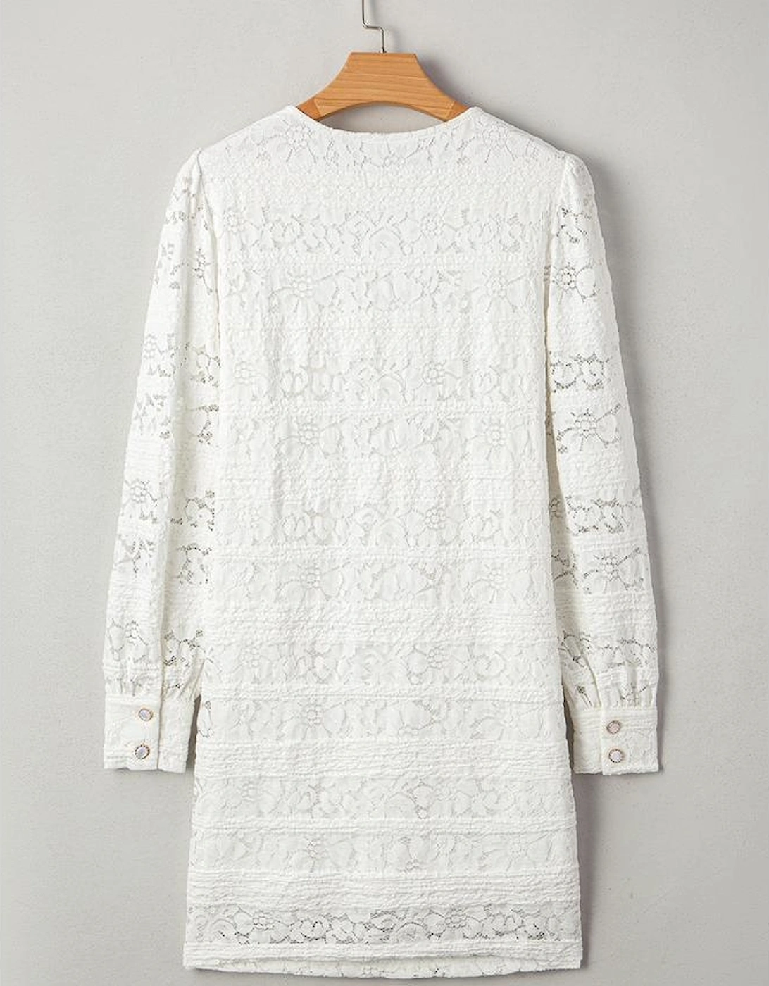 White Lace Crochet Round Neck Puff Sleeve Shift Mini Dress