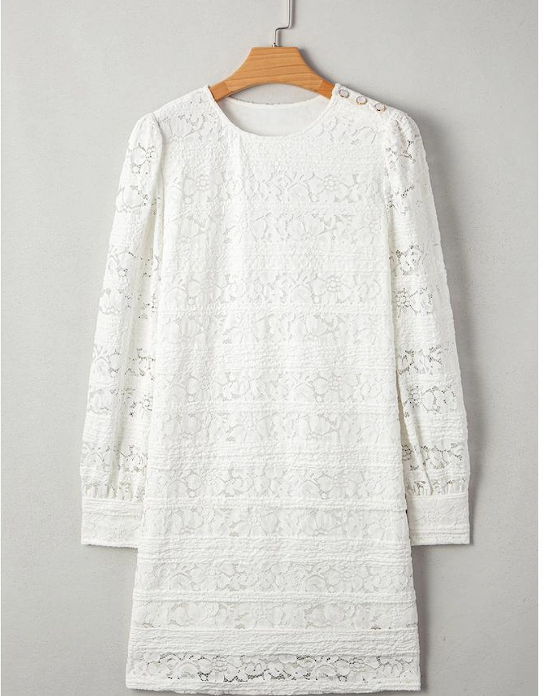 White Lace Crochet Round Neck Puff Sleeve Shift Mini Dress