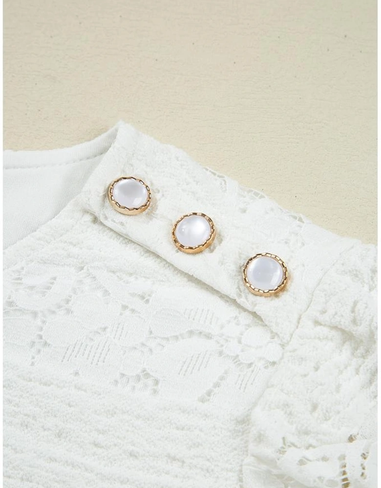 White Lace Crochet Round Neck Puff Sleeve Shift Mini Dress