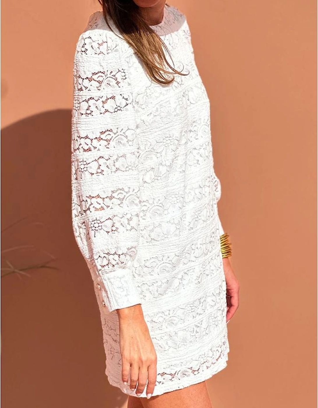 White Lace Crochet Round Neck Puff Sleeve Shift Mini Dress