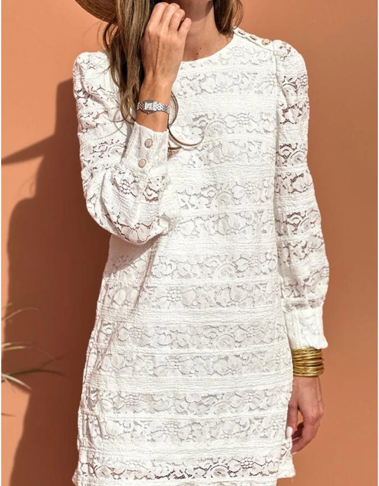 White Lace Crochet Round Neck Puff Sleeve Shift Mini Dress
