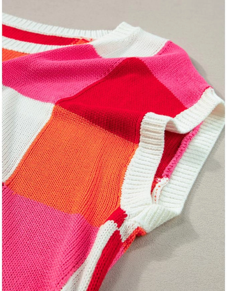 Fiery Red Color Block Cap Sleeve Sweater