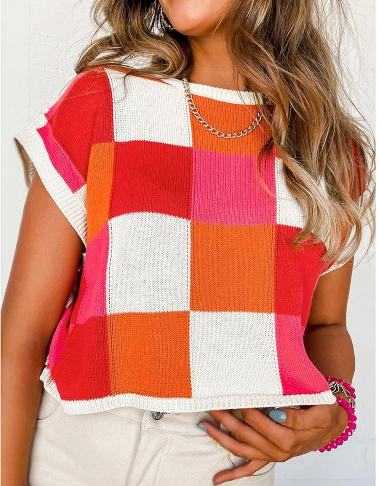 Fiery Red Color Block Cap Sleeve Sweater