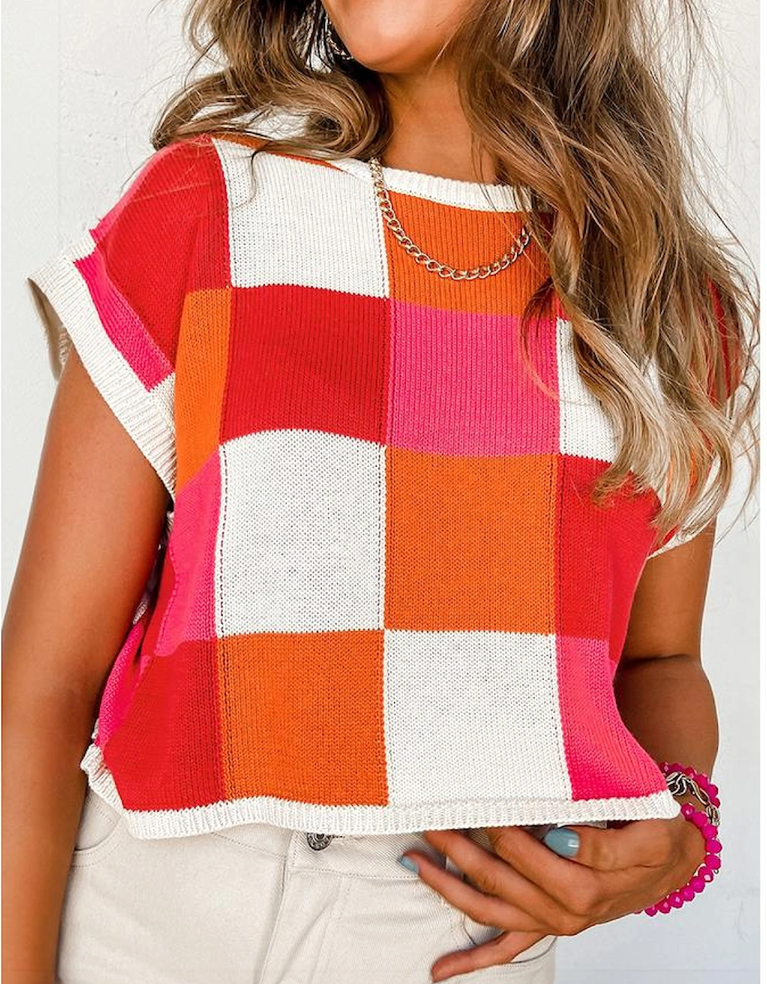 Fiery Red Color Block Cap Sleeve Sweater