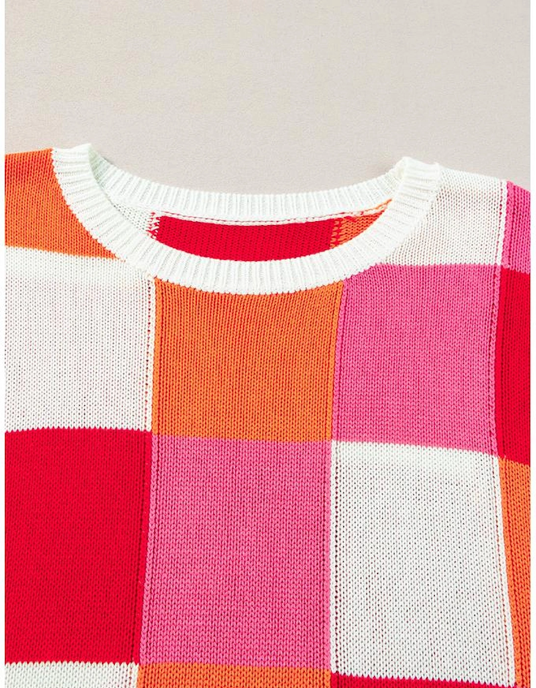 Fiery Red Color Block Cap Sleeve Sweater