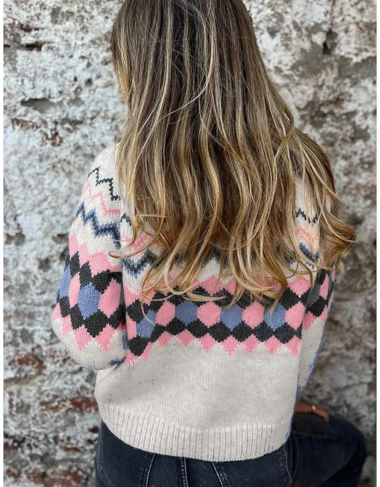 Pink Stripe Geometric Button Up Sweater Cardigan