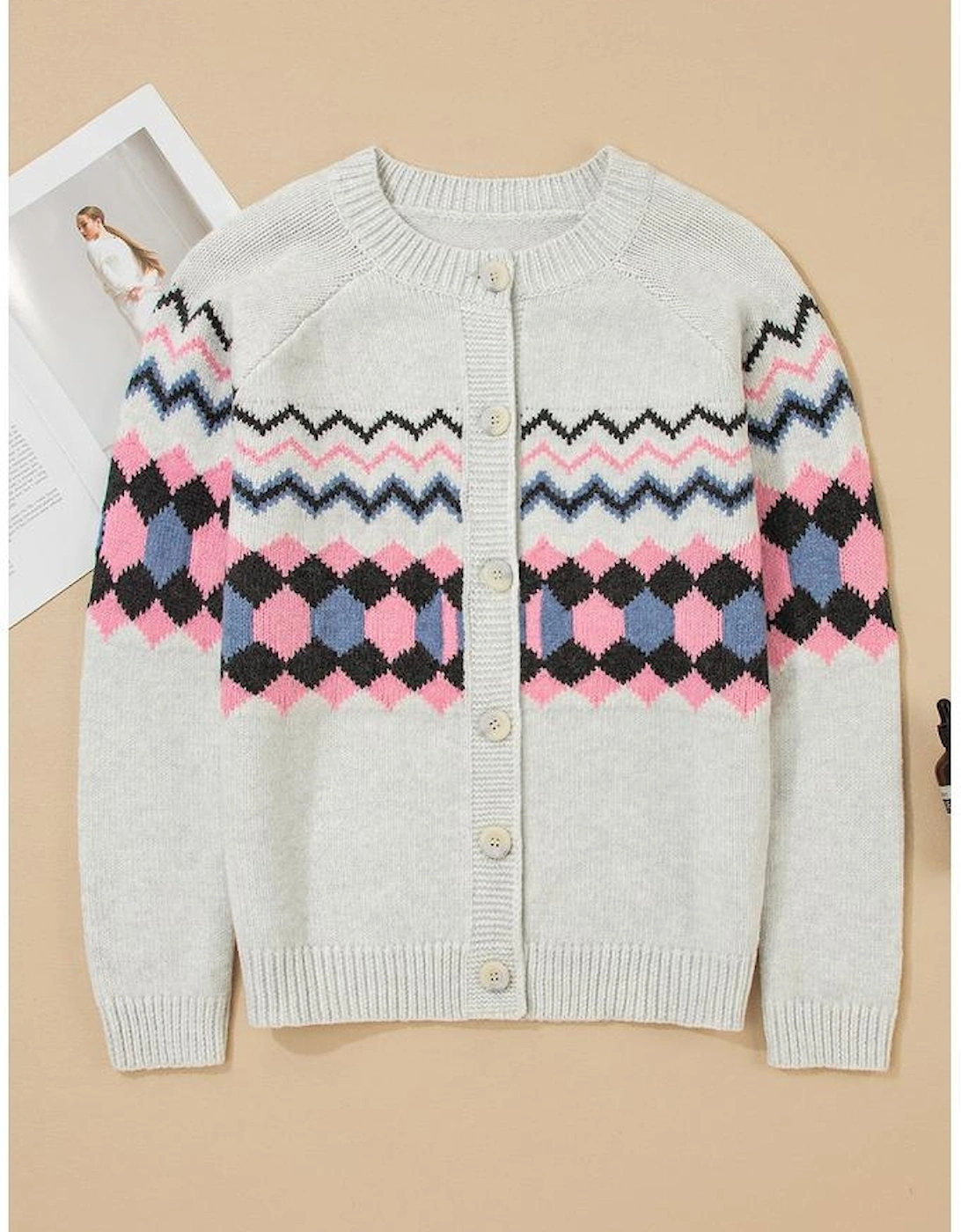 Pink Stripe Geometric Button Up Sweater Cardigan