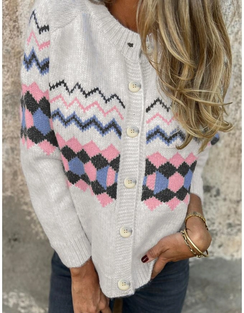 Pink Stripe Geometric Button Up Sweater Cardigan