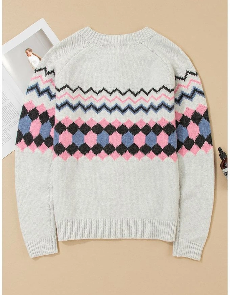 Pink Stripe Geometric Button Up Sweater Cardigan