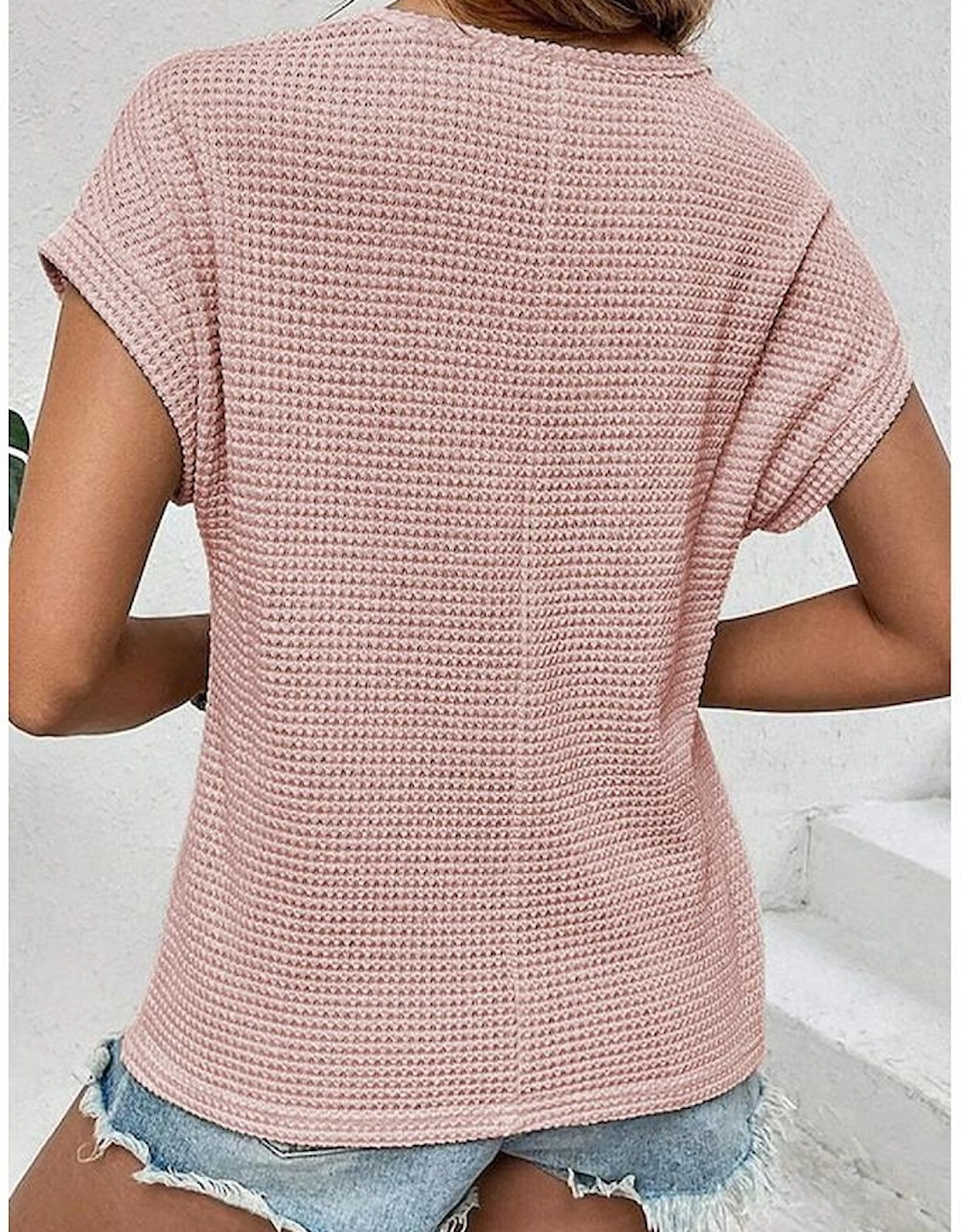 Light Pink Lace Patchwork Waffle Short Sleeve Top, 10 of 9