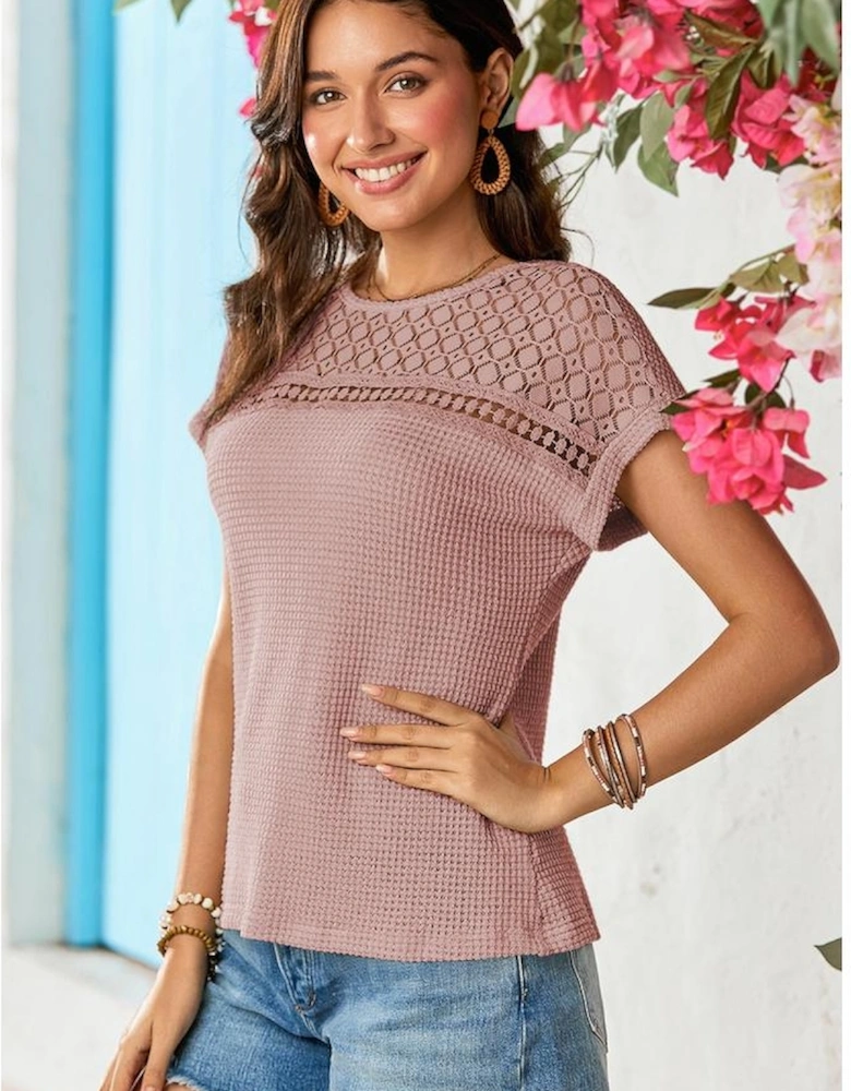 Light Pink Lace Patchwork Waffle Short Sleeve Top