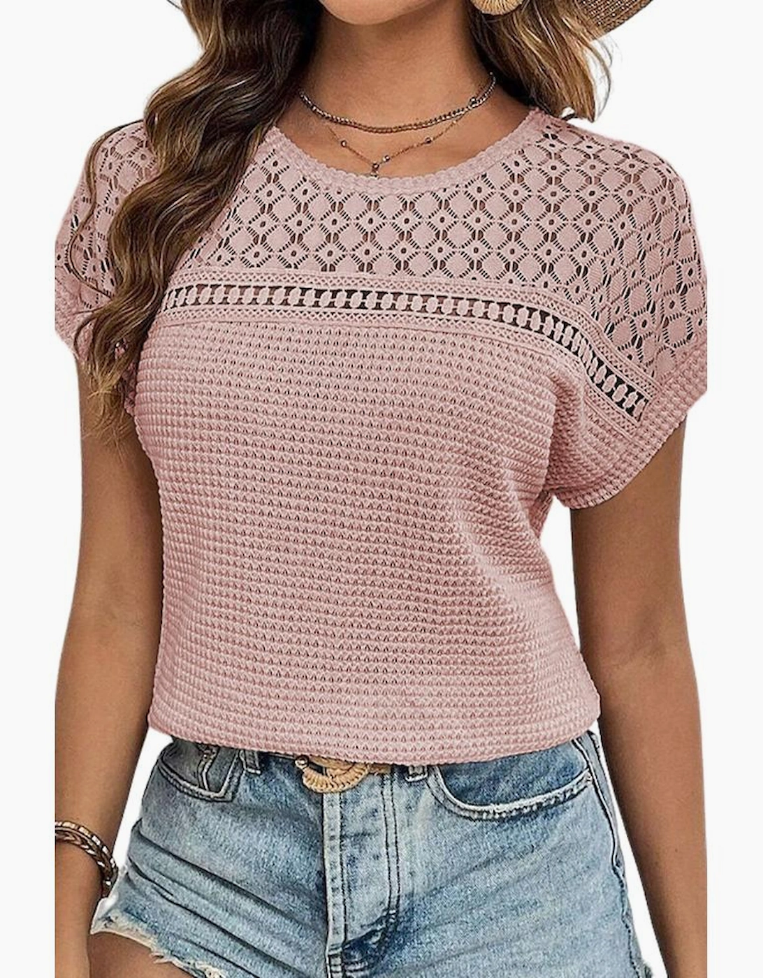 Light Pink Lace Patchwork Waffle Short Sleeve Top