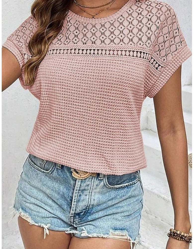 Light Pink Lace Patchwork Waffle Short Sleeve Top