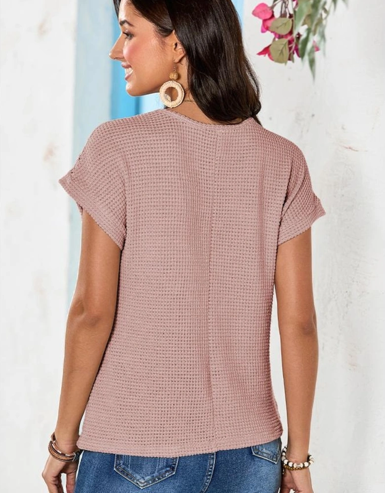 Light Pink Lace Patchwork Waffle Short Sleeve Top