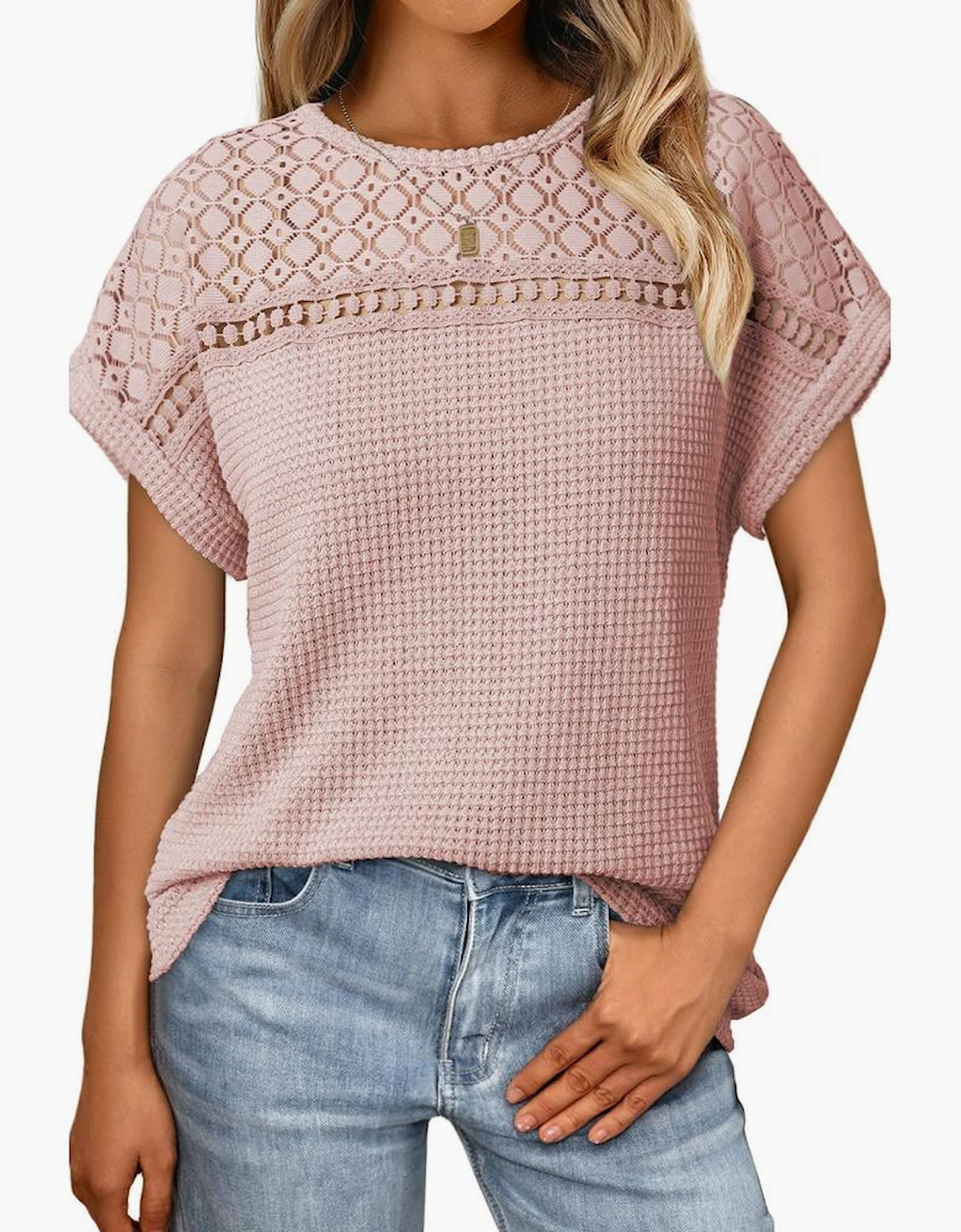 Light Pink Lace Patchwork Waffle Short Sleeve Top