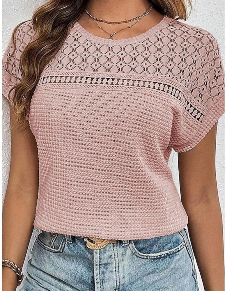 Light Pink Lace Patchwork Waffle Short Sleeve Top