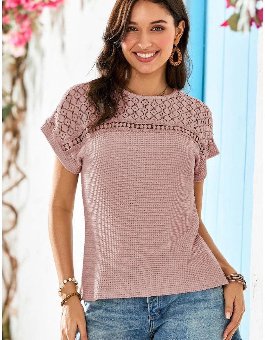 Light Pink Lace Patchwork Waffle Short Sleeve Top