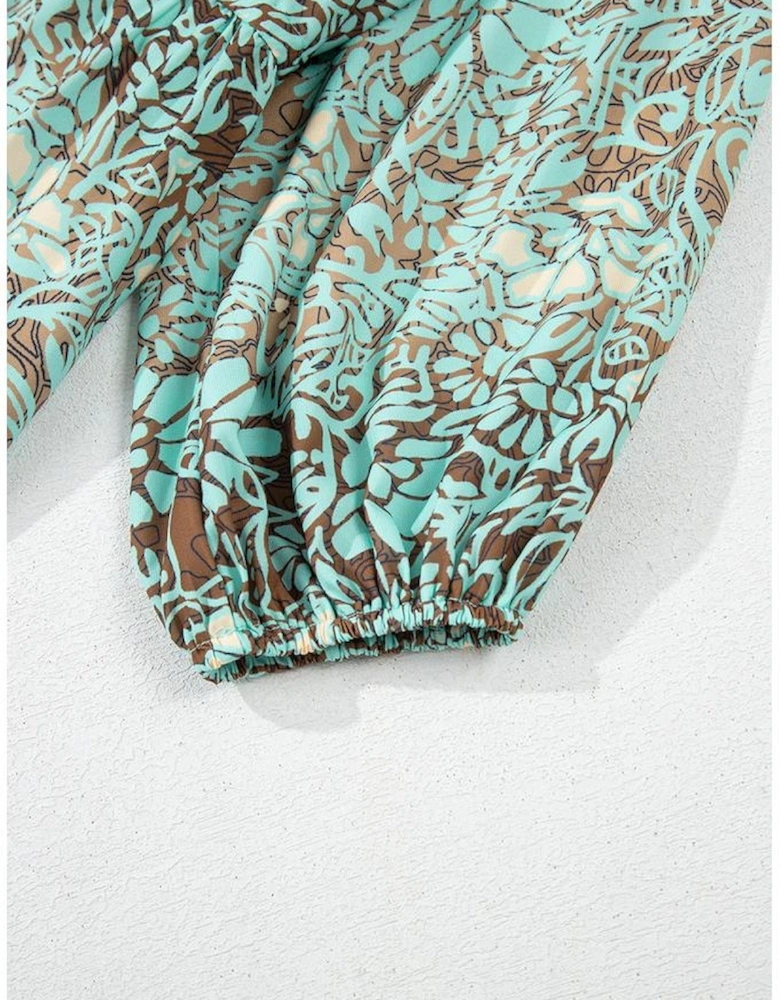 Green Boho Floral Print Lace-up Open Back High Waist Maxi Dress