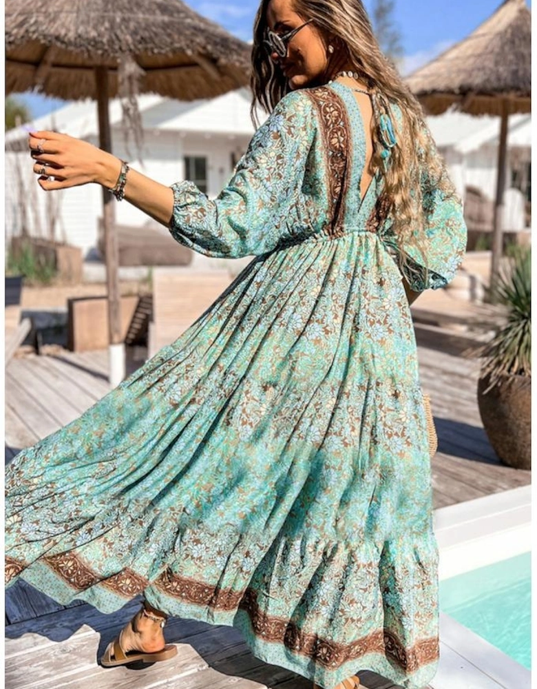 Green Boho Floral Print Lace-up Open Back High Waist Maxi Dress