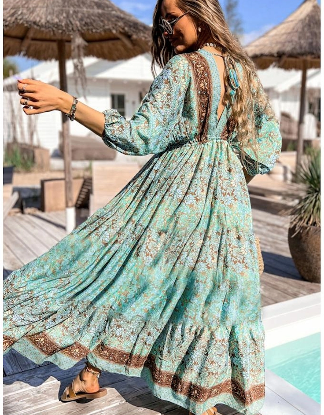 Green Boho Floral Print Lace-up Open Back High Waist Maxi Dress