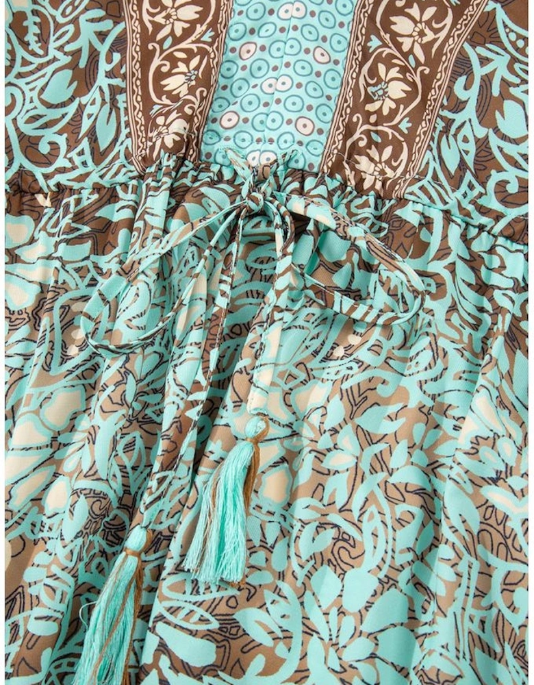 Green Boho Floral Print Lace-up Open Back High Waist Maxi Dress