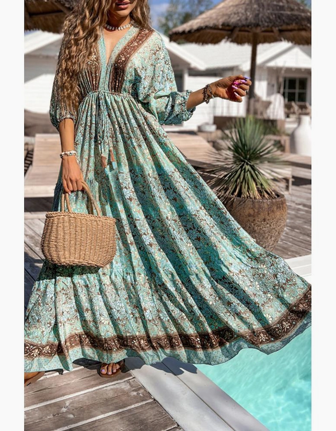 Green Boho Floral Print Lace-up Open Back High Waist Maxi Dress