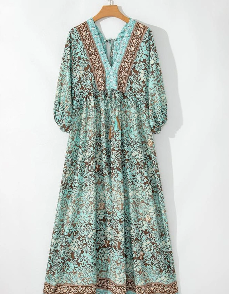 Green Boho Floral Print Lace-up Open Back High Waist Maxi Dress