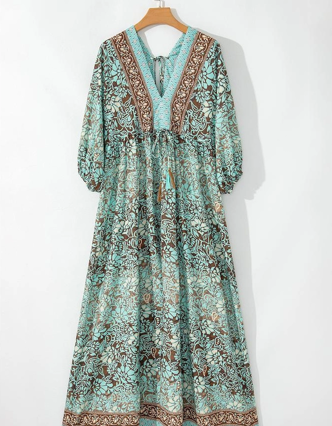 Green Boho Floral Print Lace-up Open Back High Waist Maxi Dress