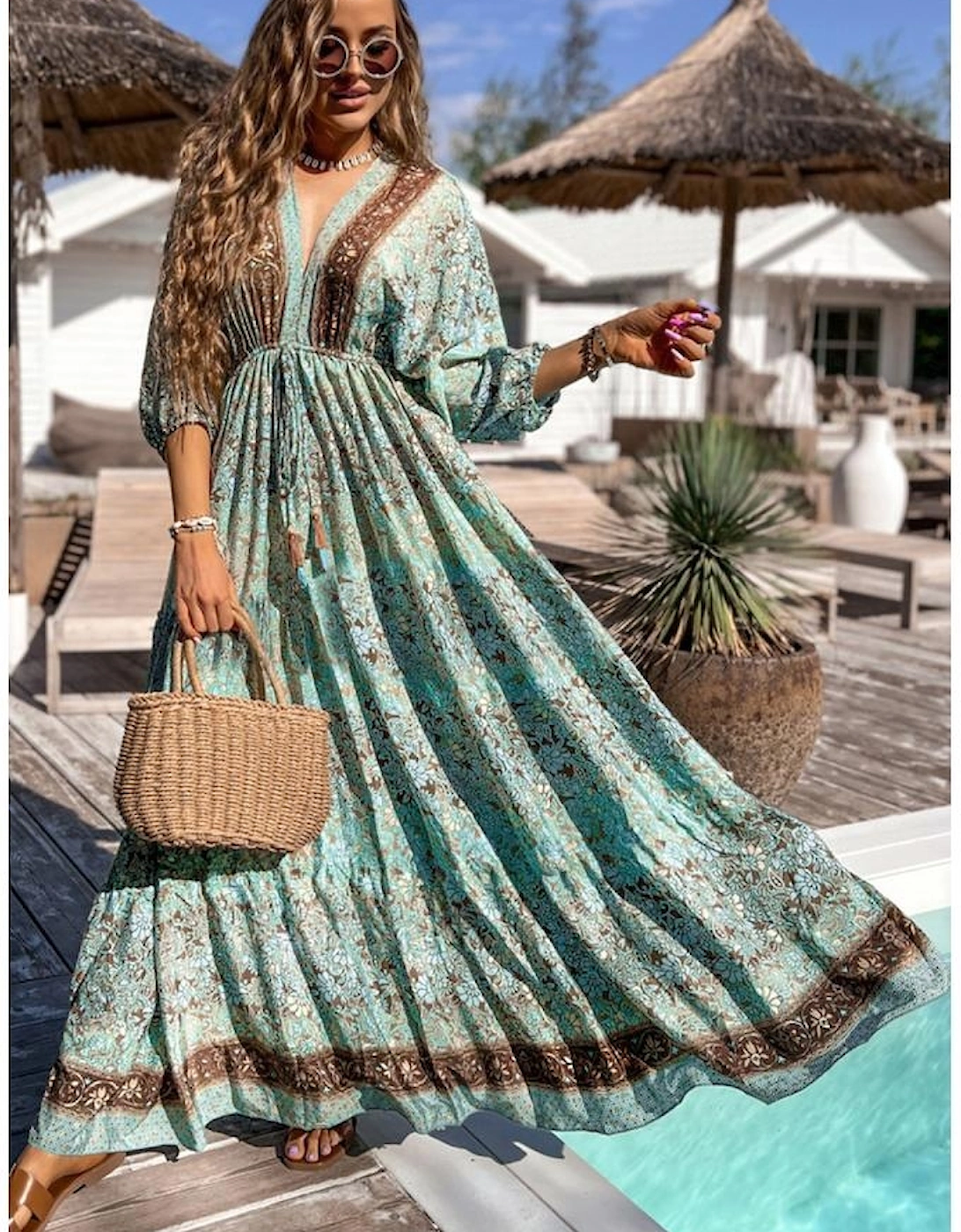 Green Boho Floral Print Lace-up Open Back High Waist Maxi Dress