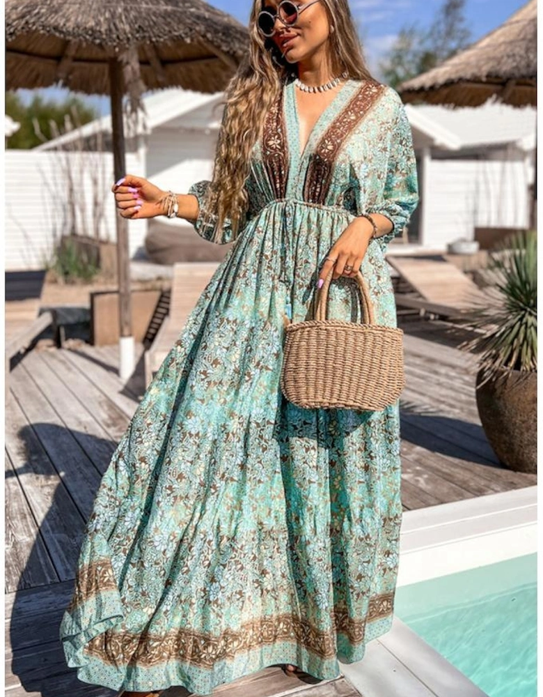 Green Boho Floral Print Lace-up Open Back High Waist Maxi Dress