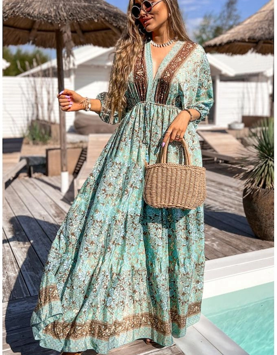 Green Boho Floral Print Lace-up Open Back High Waist Maxi Dress
