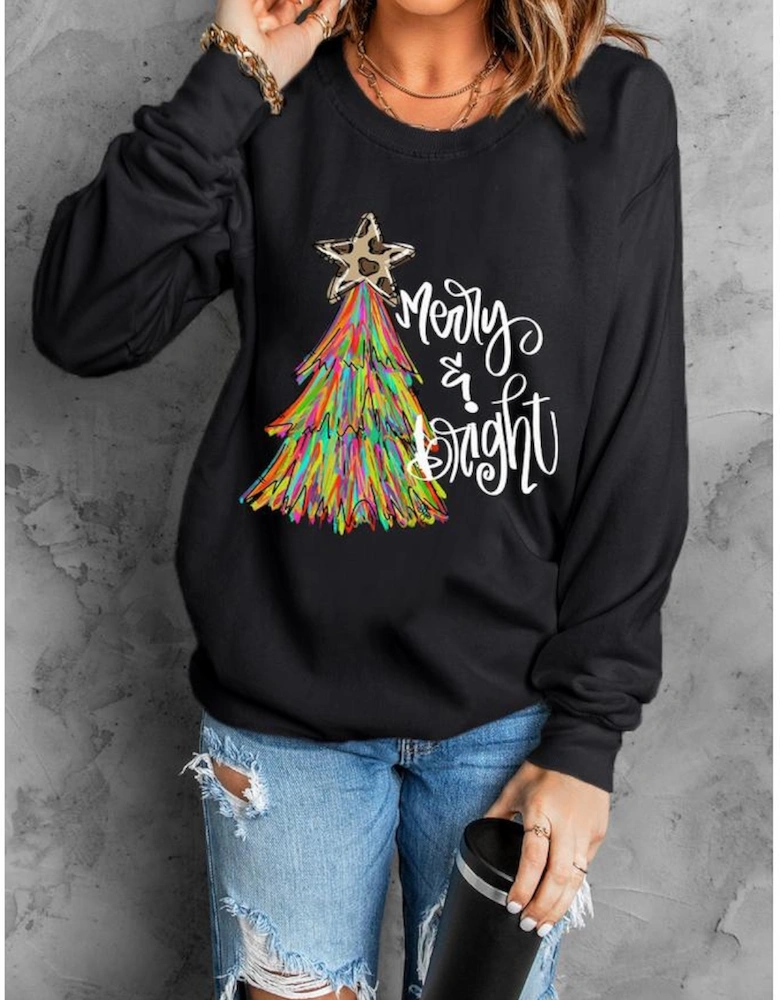 Black Merry & Bright Christmas Tree Graphic Sweatshirt