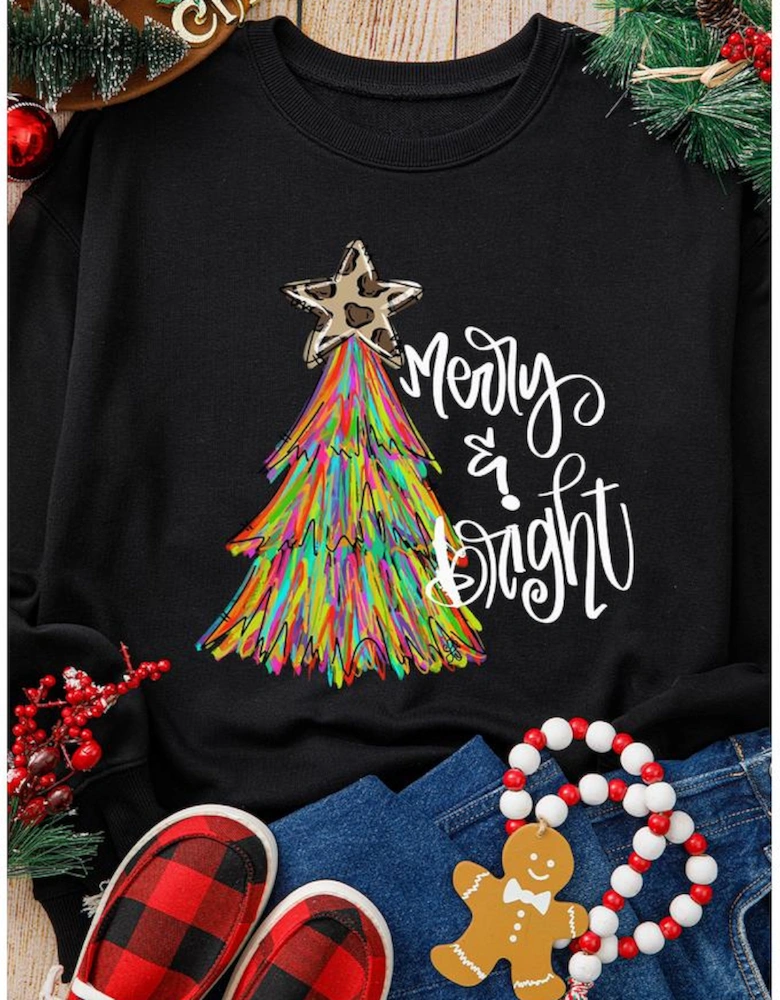 Black Merry & Bright Christmas Tree Graphic Sweatshirt