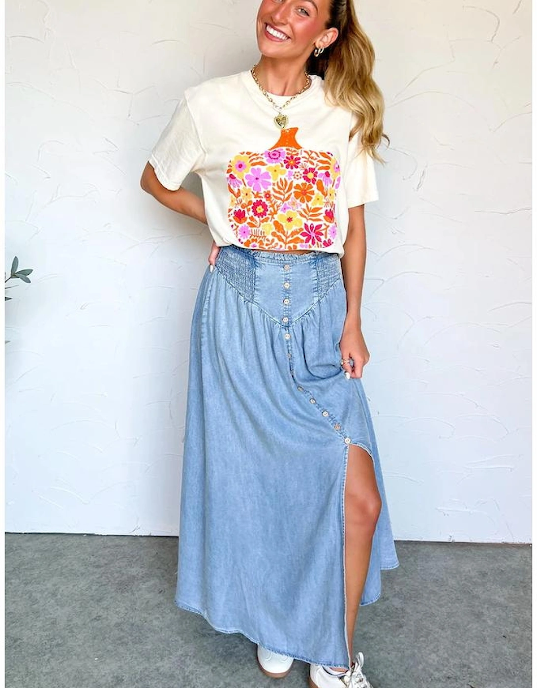 White Floral Pumpkin Cracking Print Thanksgiving Fashion T Shirt