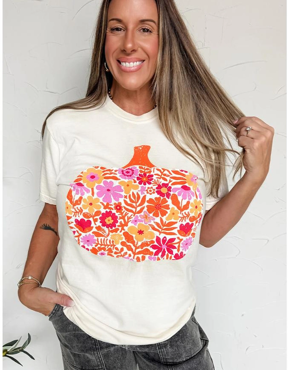 White Floral Pumpkin Cracking Print Thanksgiving Fashion T Shirt