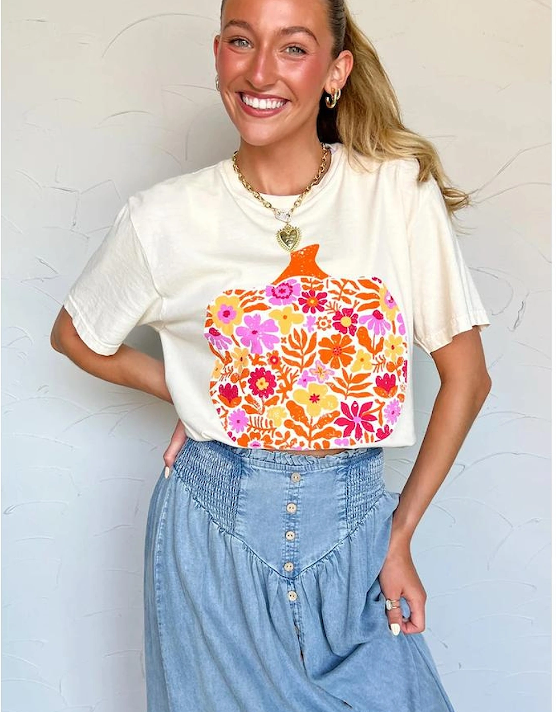 White Floral Pumpkin Cracking Print Thanksgiving Fashion T Shirt