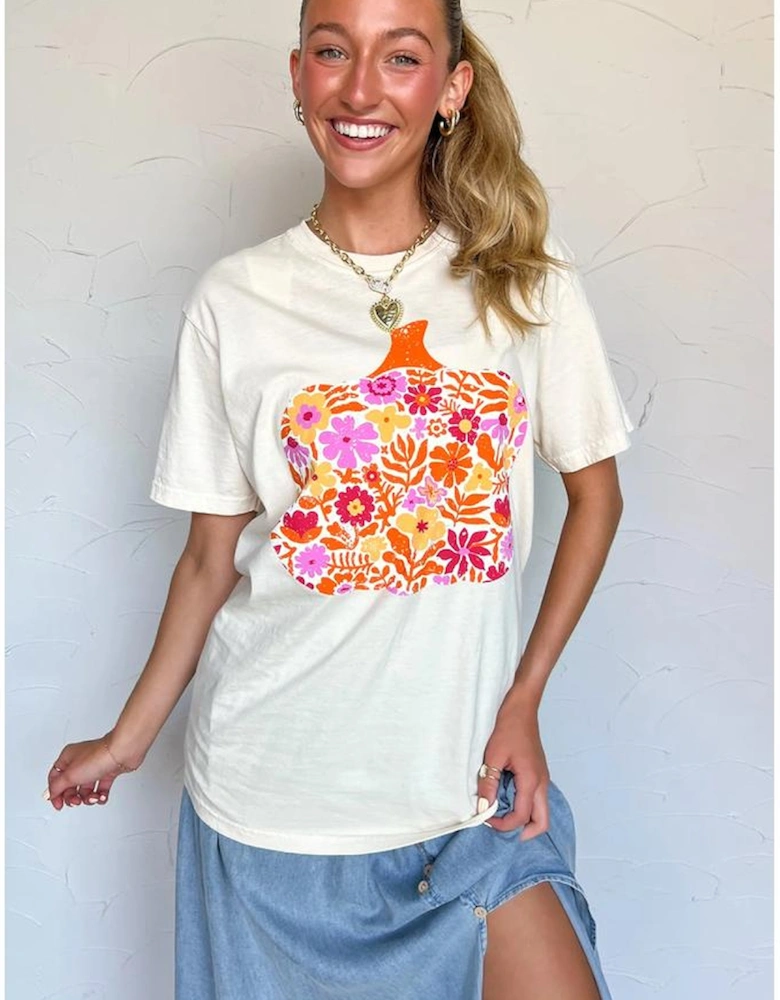 White Floral Pumpkin Cracking Print Thanksgiving Fashion T Shirt