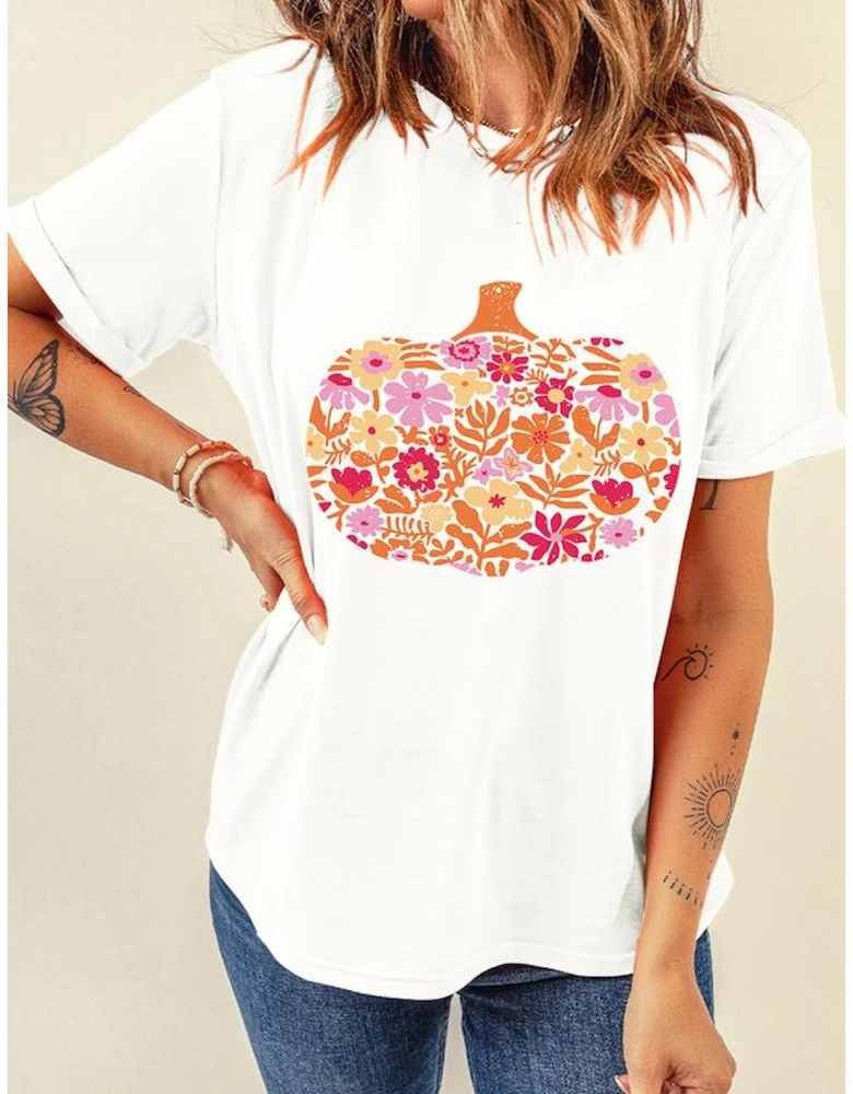 White Floral Pumpkin Cracking Print Thanksgiving Fashion T Shirt