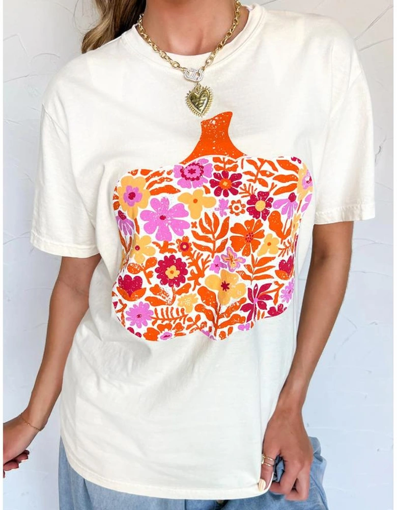 White Floral Pumpkin Cracking Print Thanksgiving Fashion T Shirt