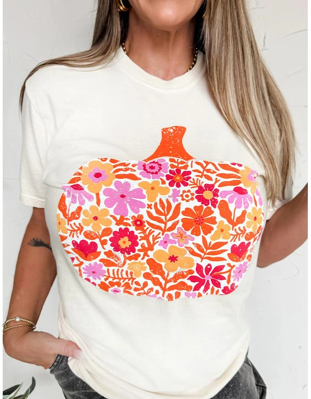 White Floral Pumpkin Cracking Print Thanksgiving Fashion T Shirt