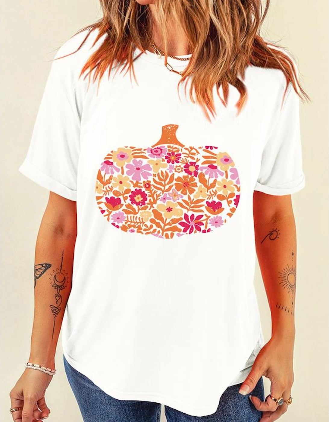 White Floral Pumpkin Cracking Print Thanksgiving Fashion T Shirt
