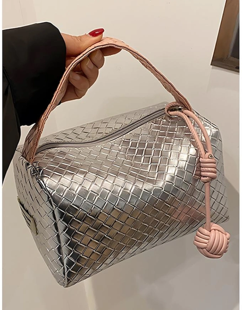 Silvery Lattice Texture Corded Ball Decor Weaven Handle Cosmetic Bag