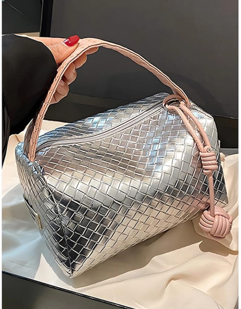 Silvery Lattice Texture Corded Ball Decor Weaven Handle Cosmetic Bag