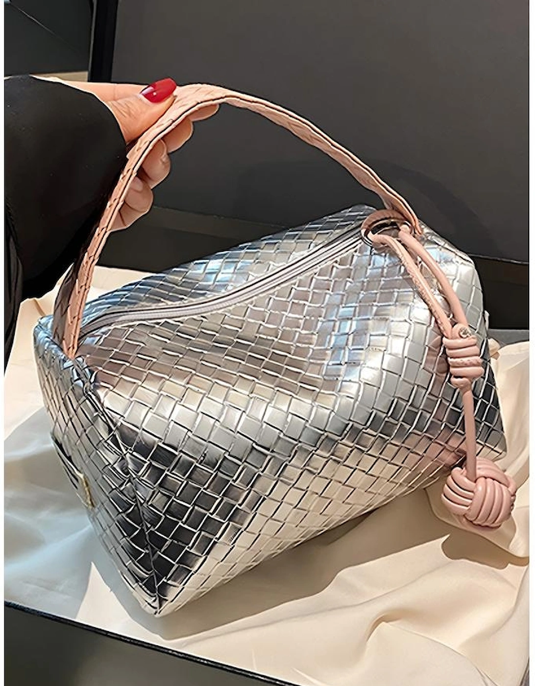 Silvery Lattice Texture Corded Ball Decor Weaven Handle Cosmetic Bag